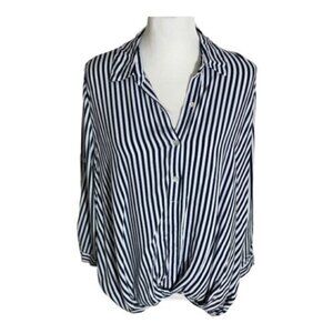 Just Living 3/4 Sleeve Navy/White Striped Blouse